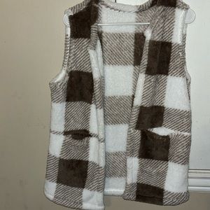 Plaid Open Front Teddy Vest, Casual Sleeveless Winter Vest With Pocket
